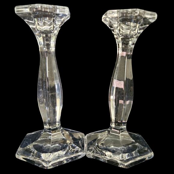 Vintage Clear Pressed Glass Hexagon Base Taper Candle Holders Set of 2 - Picture 1 of 4